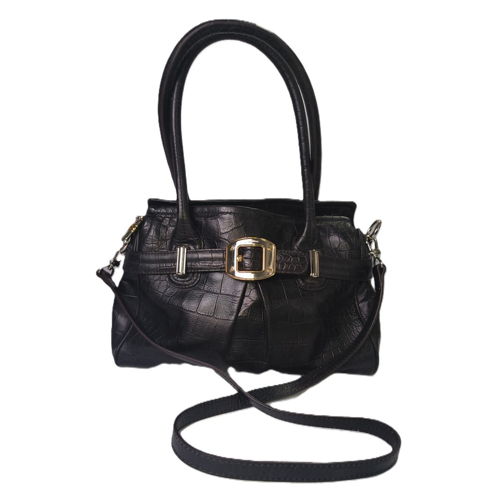 B Makowsky Leather Handbag Black Croc-Embossed Removeable Strap 12 x 8 x 3